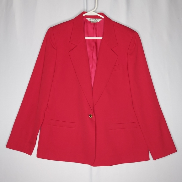 Austin Reed Blazer 12 Red Wool Gold One Button Vneck Collar Pocket Jacket Vtg - Picture 1 of 9